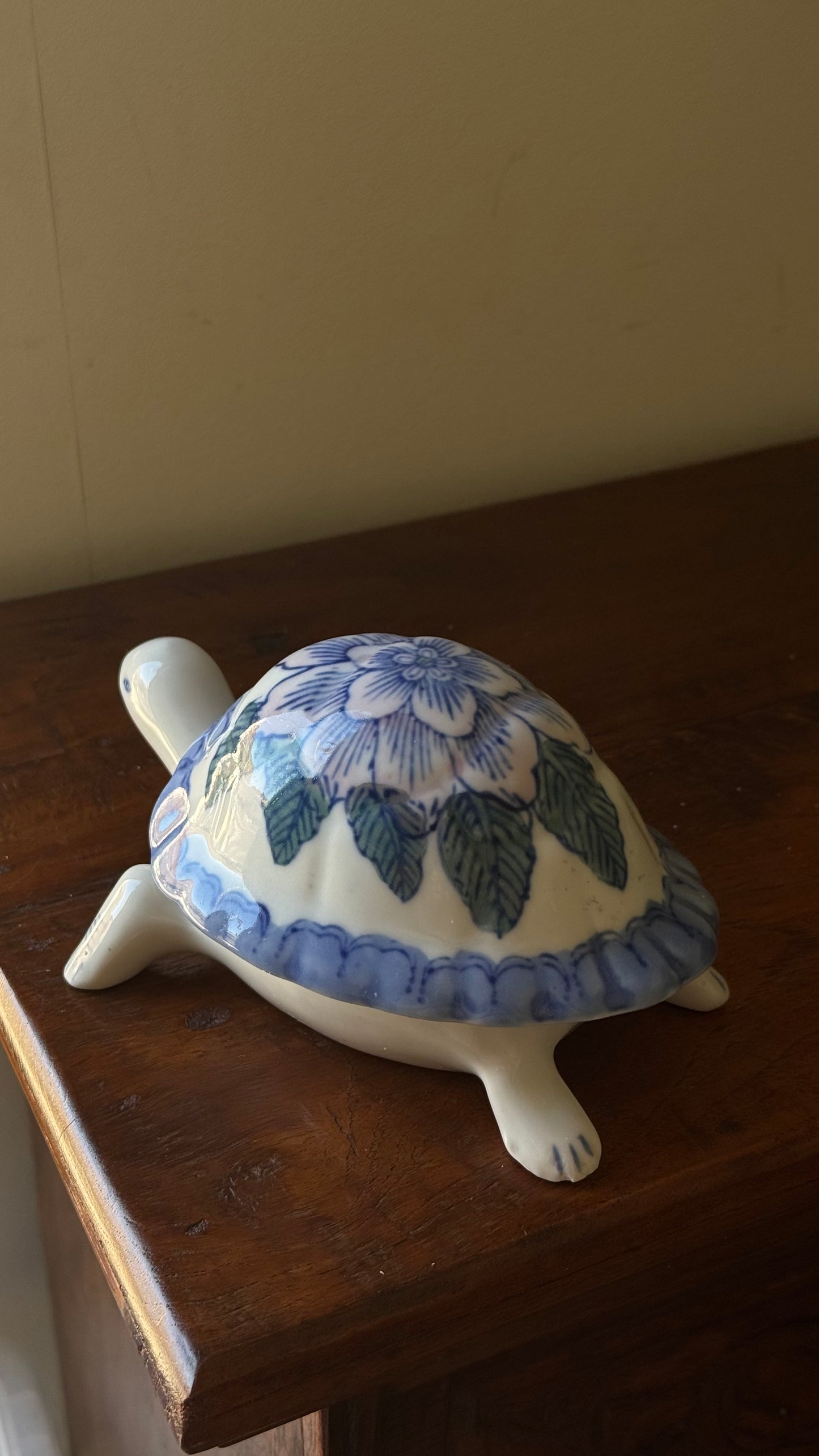 Vintage Handpainted Floral Pastel Ceramic Turtle Trinket Box