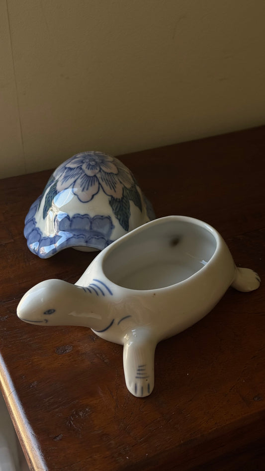 Vintage Handpainted Floral Pastel Ceramic Turtle Trinket Box