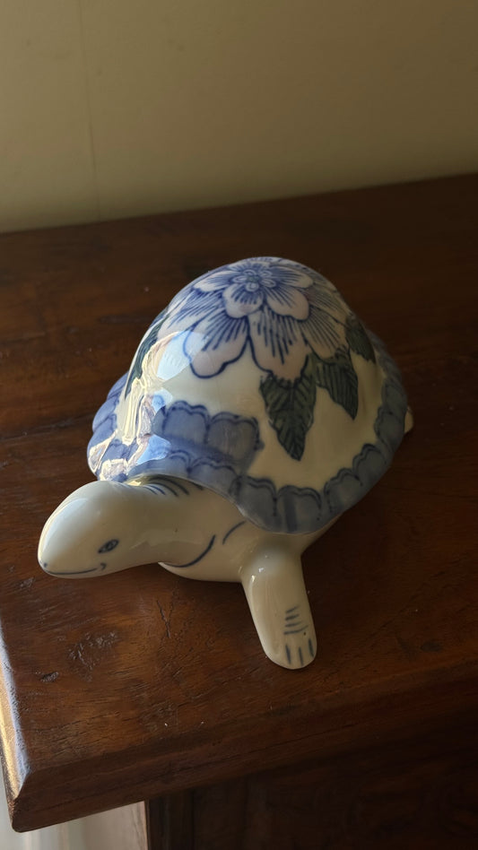 Vintage Handpainted Floral Pastel Ceramic Turtle Trinket Box