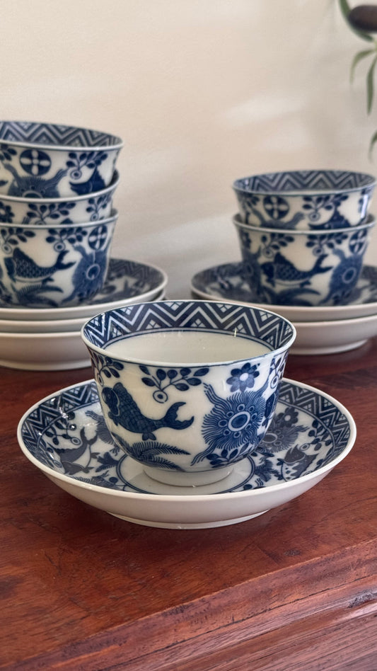 Vintage Chinese Blue & White Double Circle Mark Tea Cups | 6 pcs
